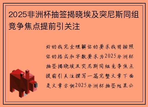 2025非洲杯抽签揭晓埃及突尼斯同组竞争焦点提前引关注